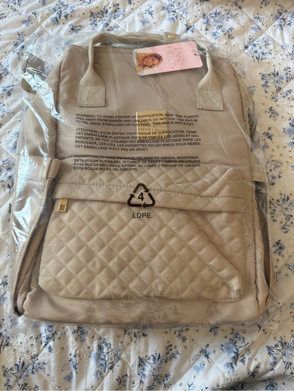 Paris Hilton Beige Quilted Laptop Backpack - Picture 2 of 4